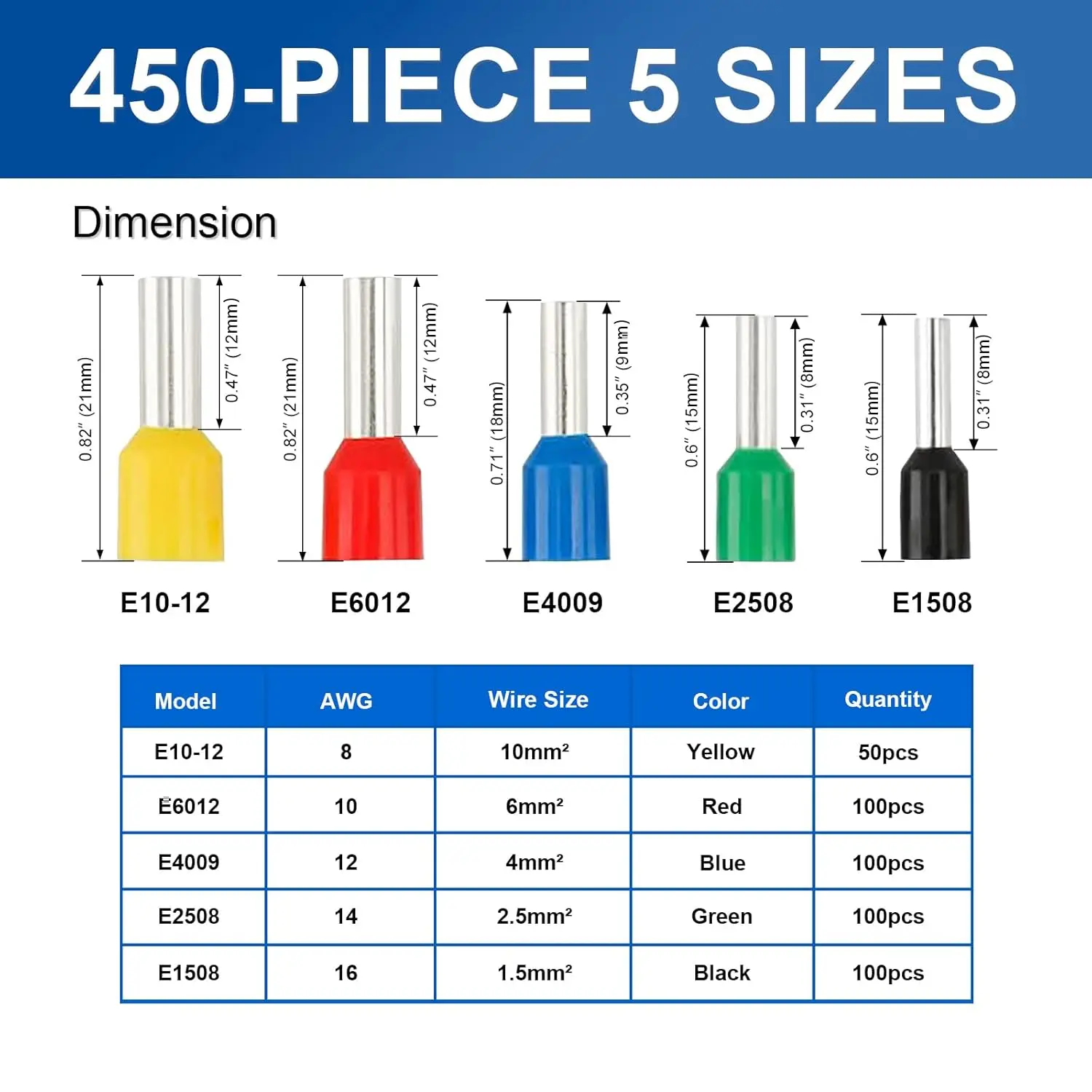 450pcs Tinned Copper Crimp Connectors Kit, AWG 16-8 Insulated Ferrules, 5 Sizes 5 Colors