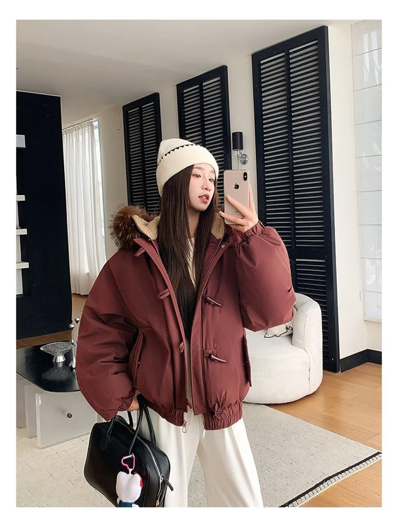 Warm Down jacket Ladies Pai Overcome Winter 2026 New Cotton Padded Coat Women Parkas Horn Hooded Outcoat Big fur collar Overcoat