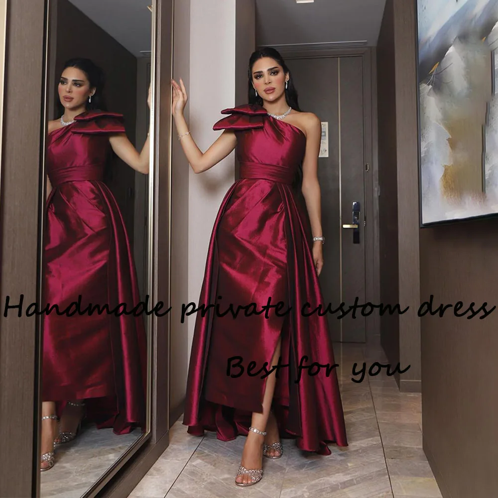 

Burgundy Satin Mermaid Evening Dresses Saudi Arabic One Shoulder Formal Dress with Slit Floor Length Evening Party Gowns