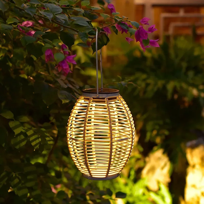 

Solar Rattan-Weaved Ceiling Lamp Outdoor Courtyard Garden Lawn Lamp Handmade Imitation Bamboo Hanging Lamp Atmosphere Landscape