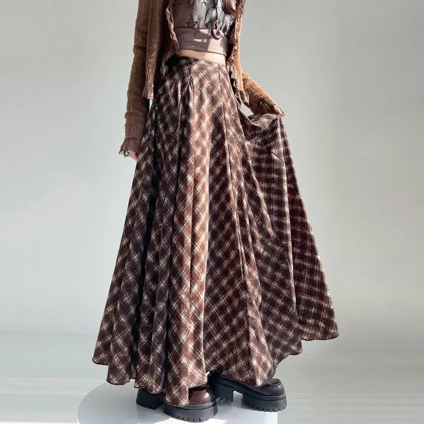 

Qiukichonson French Chic Vintage High Waist Plaid Skirt Women Spring Autumn A-Line Midi Long Maxi Skirts Coffee