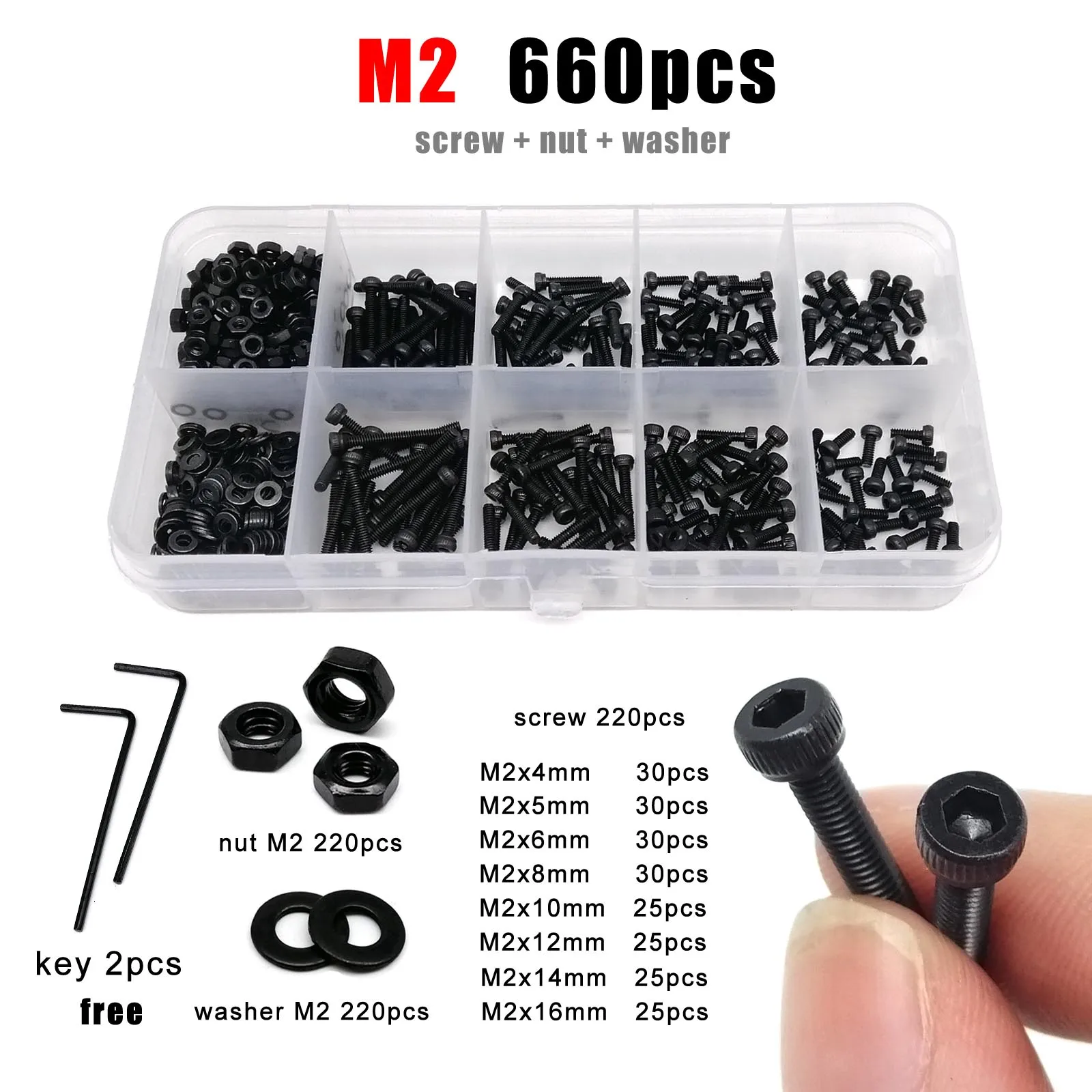 Boxed M2 M2.5 M3 M4 M5 M6 Hex Hexagon Socket Allen Cap Head Screw Bolt Nut Washer Assortment Kit DIN912 Black Grade 12.9 Steel