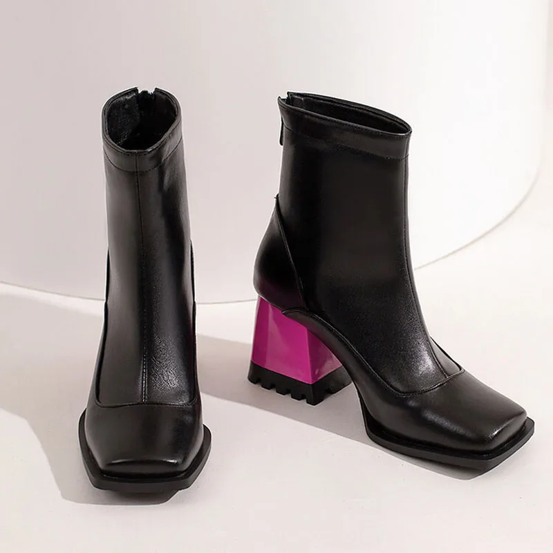 Large Size 34-43 Women Candy Color Heels Boots Faux Leather Fashion Ankle Boots Evening Party Winter Ladies Shoes WSH5430