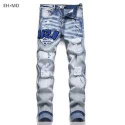 Hand Embroidered Jeans Men National Style Pattern Personality Cotton High Elastic Slim Trousers 3D High Street Wash Hole Skull 4