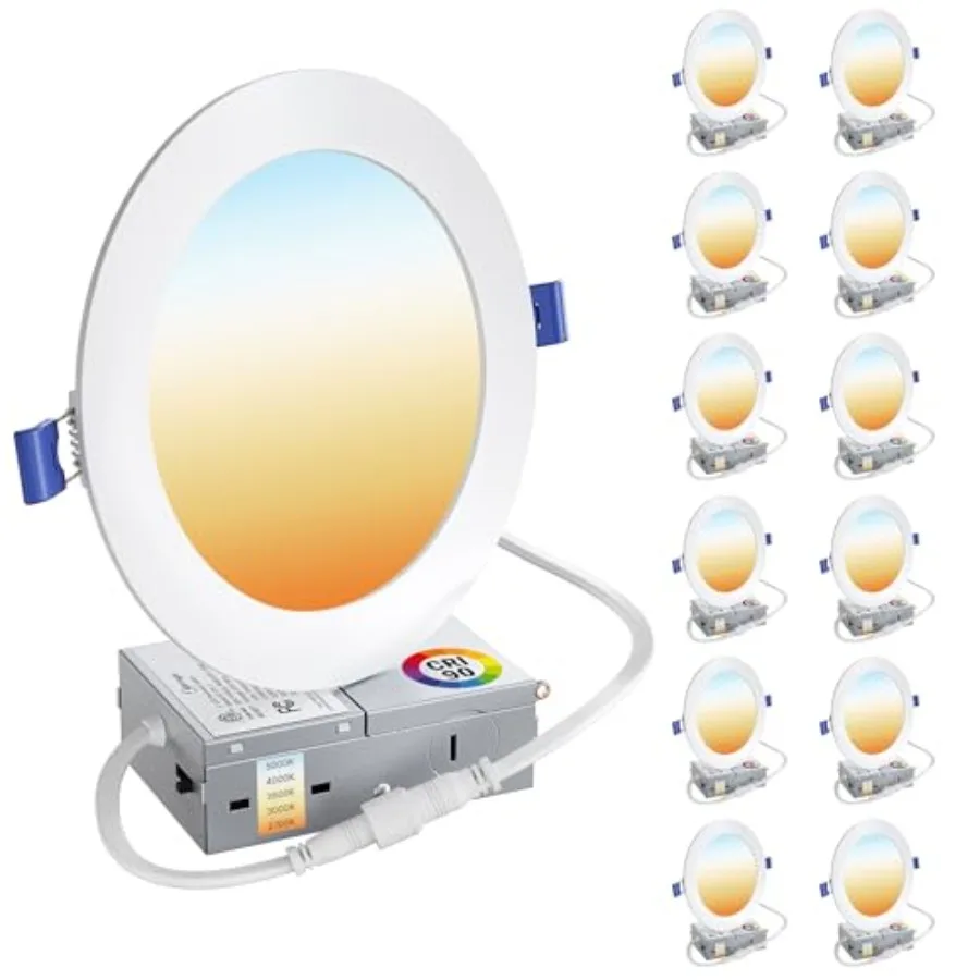 

12 Pack LED Recessed Ceiling Light Dimmable 2700K-5000K RA90 1050LM 12W 120V Ultra-Thin High Brightness Canless Wafer Downlight