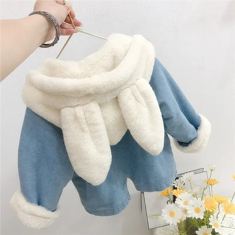 Jacket for Girls Boy Children\'s Denim Jackets Warm Fur Cowboy Coat Baby Rabbit Ear Hooded Velvet Outerwear Kids Winter Clothes