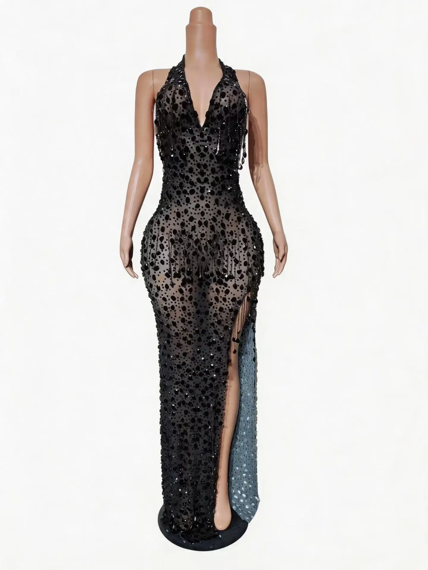 Chiyan Women Black Rhinestone Mesh Mermaid Evening Dress Halter Deep V Neck High Slit Tassel Fringe Formal Prom Party Gown