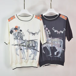 Imitation Silk Horse Print Splicing Knit O-neck T-shirt For Women Short Sleeve Knitwear Top Ladies Fashion Tshirt Clothing