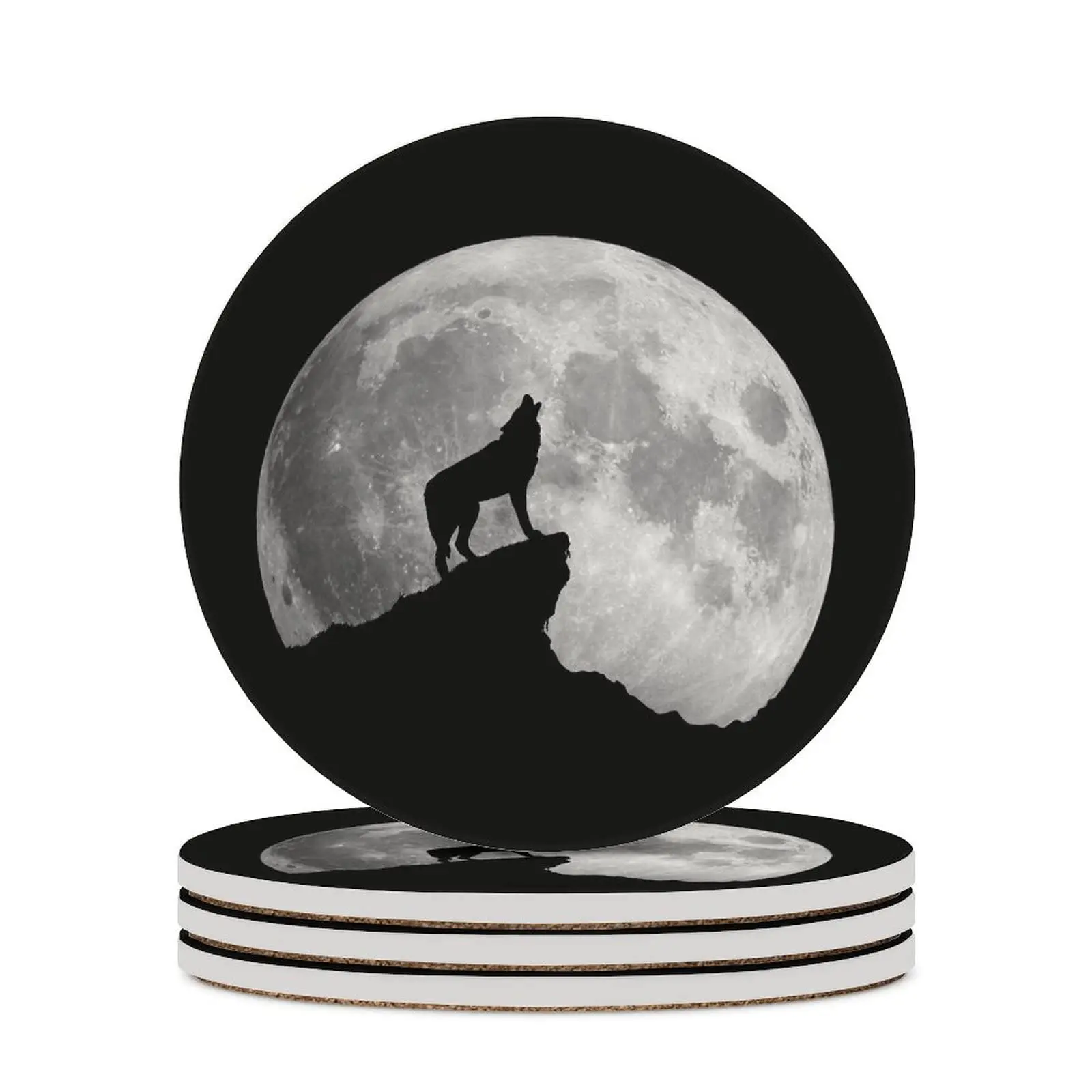 Fierce Wolf Howling Coasters for Drinks,1 PCS Absorbent Round Ceramic Coasters Cork Backing Tabletop Protection Mat for Drinks