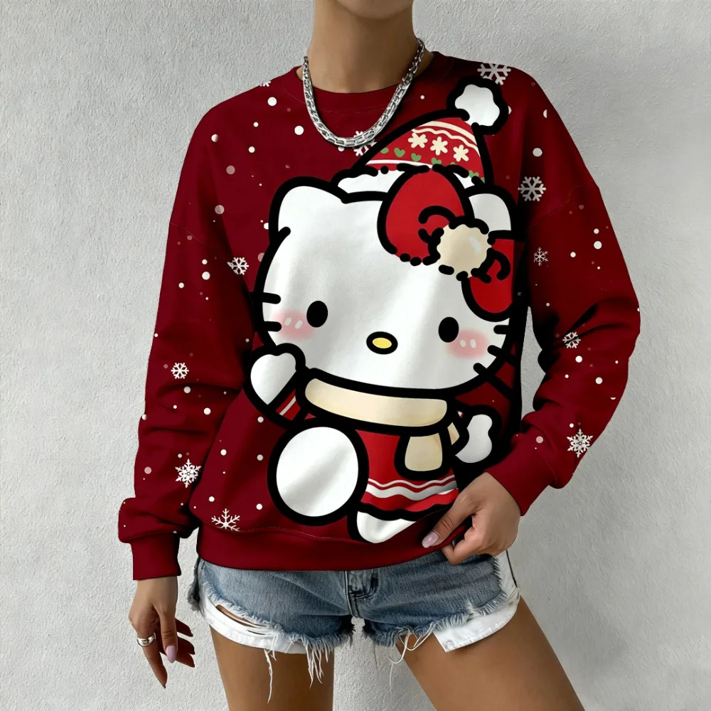 

Рождественская женская круглая толстовка с 3D принтом «Снежинка» Hello Kitty, модный повседневный пуловер, зимняя модная одежда