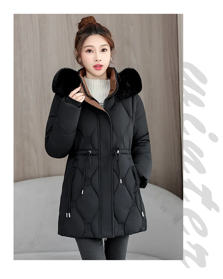 Simple Solid Color Large Fur Collar Hooded Removable Long-sleeved Down Cotton Jacket Women's 2025 Winter Thickened Warm Jacket