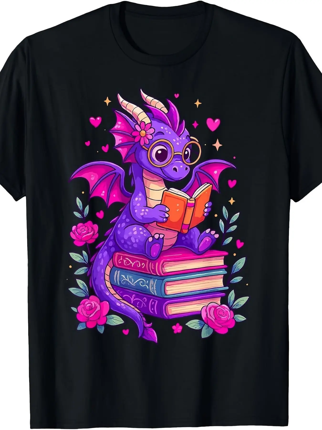 Whimsical Purple Dragon Book T-Shirt - Comfortable Black Graphic T-Shirt Featuring Pink Wings, Glasses, Flowers, and Stacked Books - Magical and Adorable Bookworm Gift for Readers