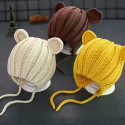 New Cute Bear Ear Ear Protection Caps Knit Warm Tie Rope Hat Thickned Autumn Winter Beanie