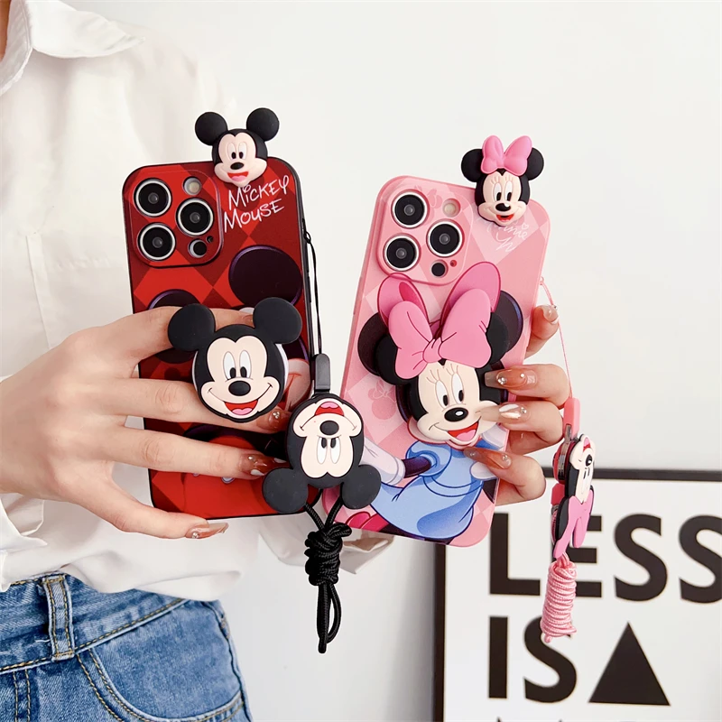 3D Minnie Mickey Cartoon Phone Case For Huawei Y7 Prime Y8 Y9 Y7P Y8P Y9A Y9S Y7A Y6 Pro Y5 Y6P Y5P Holder With Rope Cover