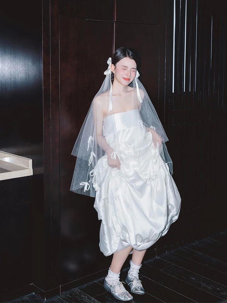 

Light Satin ort Wedding Dr 2026 New Sle Engagement Ceremony Outing Lace High Waist Puffy Skirt No Sve Bridal Gown