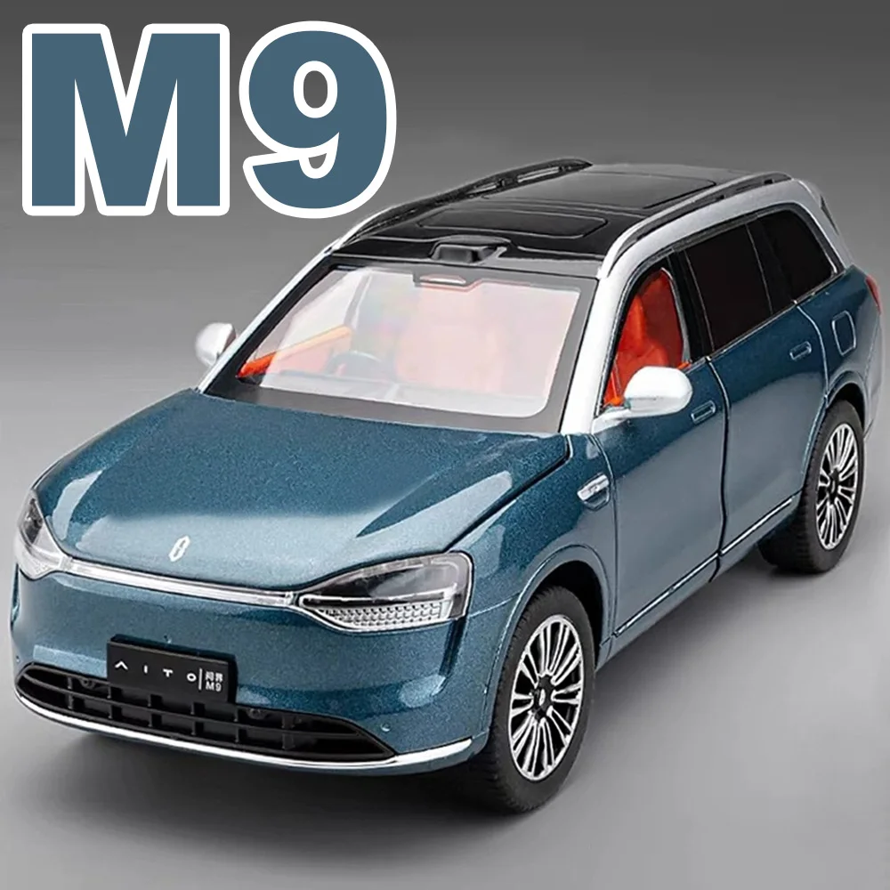 1:24 AITO M9 SUV Modell Spielzeug Auto Legierung Metall Druckguss Sound Licht Zurückziehen 6 Tür Geöffnet Gummi Reifen Fahrzeug Sammeln Ornament