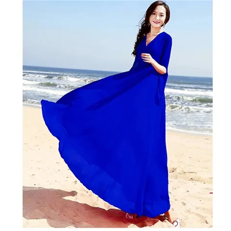 2024New Summer Chiffon Women\'s Long Dress Fashion V-Neck Split Long Sleeves Solid Bohemian Beach Dress Lady Party Dresses Female