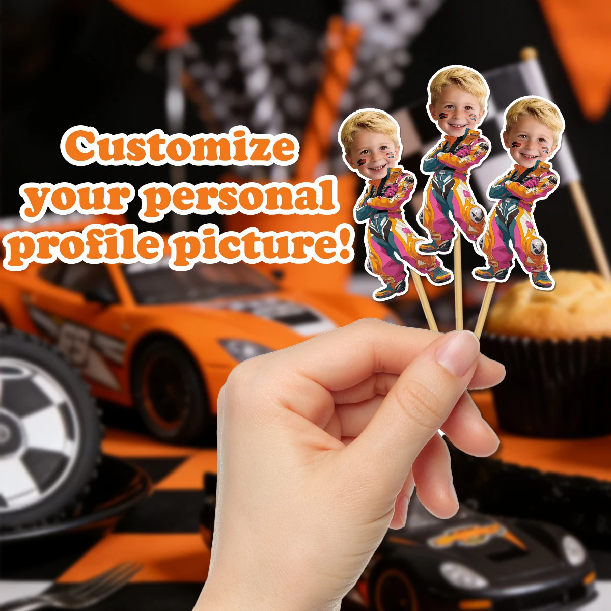 Personalisierter Geburtstags-Rennwagen-Kuchenaufsatz mit individuellem Gesichtsfoto, Rennsport-Thema, Meilenstein-Geburtstagsfeier, Kuchendekoration – Detail 8
