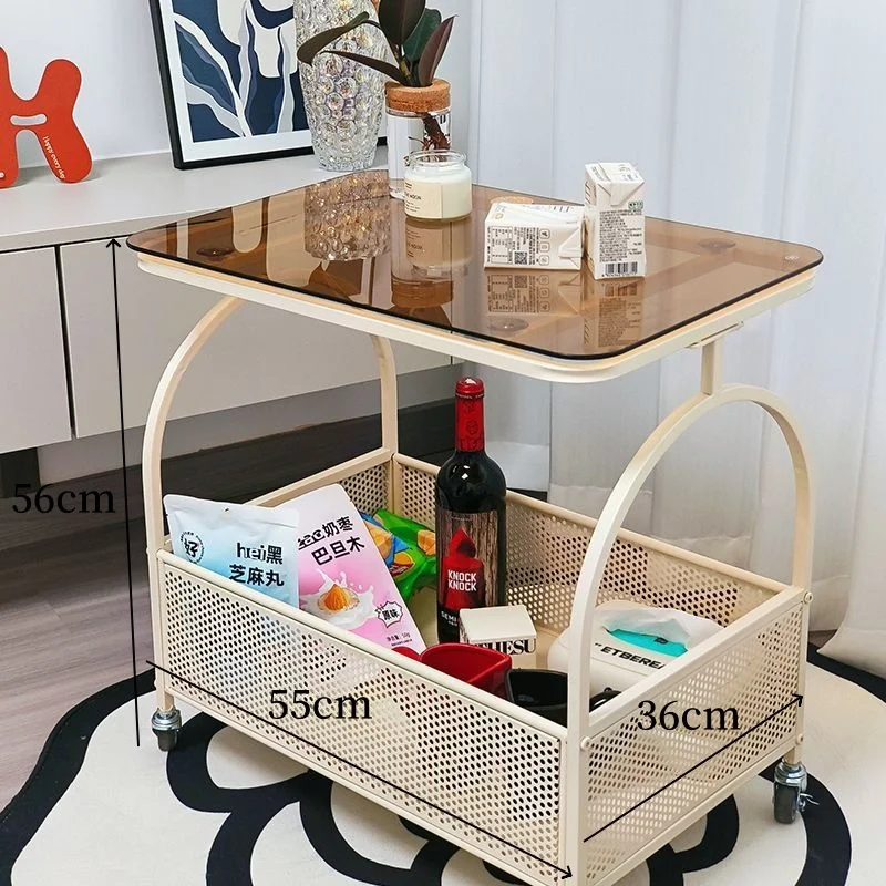*Living Room Cream-colored Modern Side Table Sofa Side Cabinet Snack Storage Movable Coffee Tea Cart with Shelves