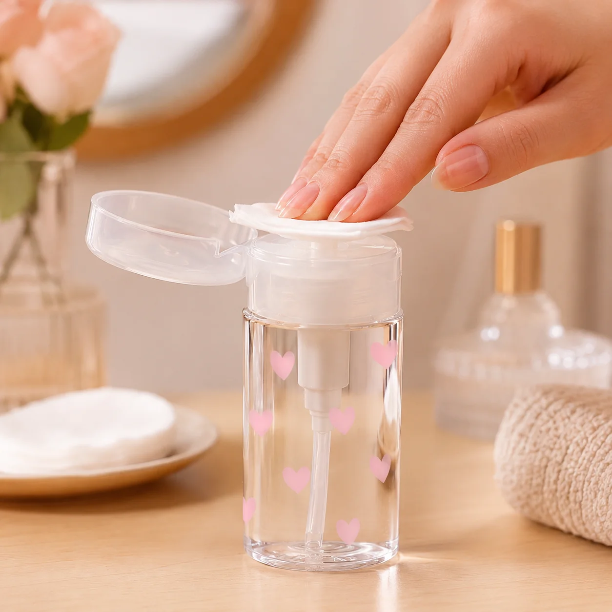 Pink Heart Nail Polish Remover Pump Dispenser Bottle, Refillable Leakproof Press Top Container for Cotton Pads, Salon Travel