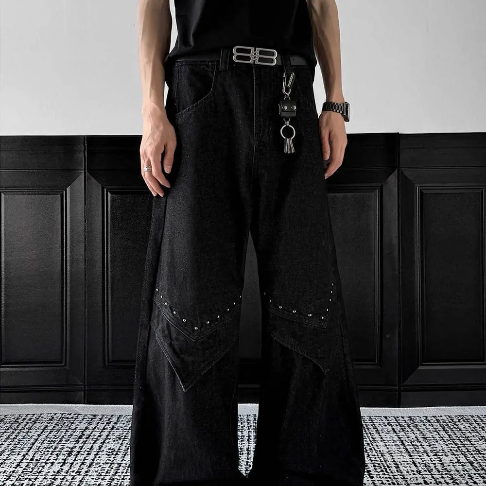 Celana Jeans Pria Model Rivet Lurus Lebar Gaya Retro Amerika Tren Fashion Jalanan Hip-Hop Longgar Kasual Unik Atasan Pria 2025