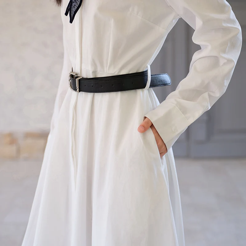 ARTKA 2025 Autumn New Women Dress French White Shirt A-Line Long Dresses Long Sleeve High Waist Dress With Scarf Belt LA82050Q