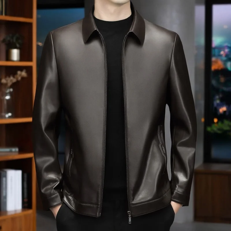 

Мужская куртка из искусственной кожи с отложным воротником, деловая повседневная одежда для мужчин среднего возраста, осенне-зимняя новинка, модная кожаная...