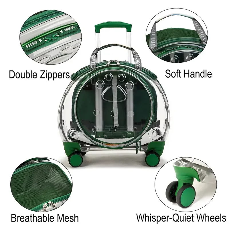 Airline Approved Pet Carrier with Wheels Clear Dog Travel Trolley Backpack Portable Outdoor Cat Puppy Transport Box for Small