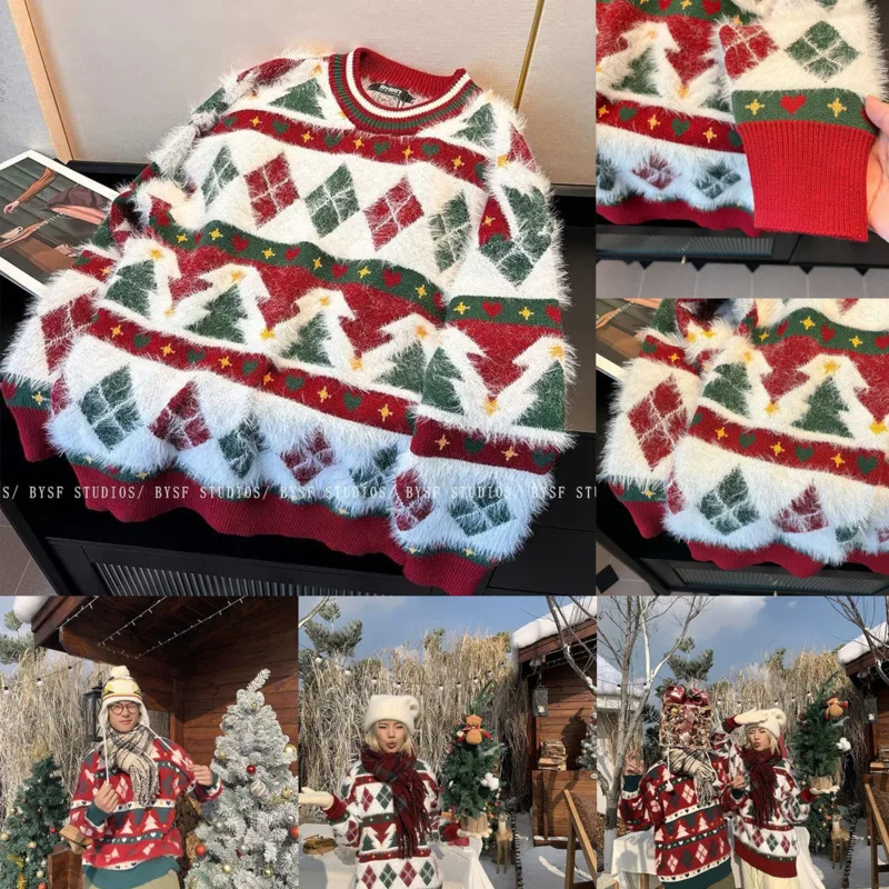 

Christmas Tree Sweater Men Winter Color Sweater Europe America Vintage Pullover Sweater Casual O-neck Loose Top Women Couple New