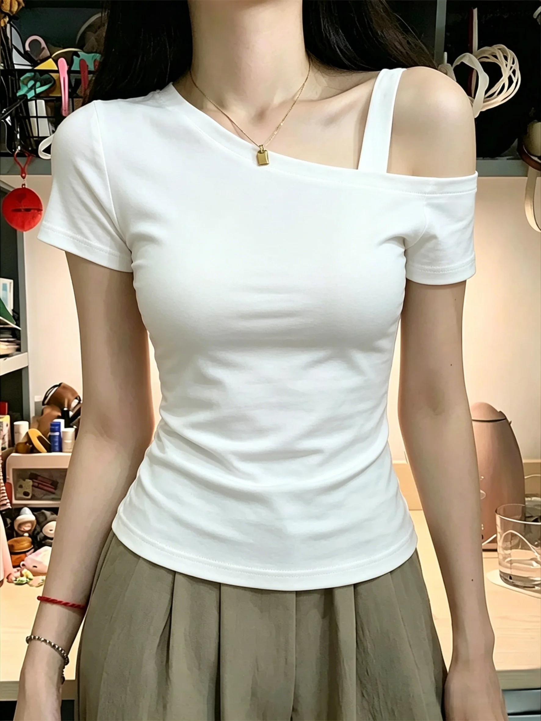 Slim Fit Short Sleeve T-Shirt 95 Cotton Shoulder Baring Black Women's Summer Clothing plus Size Versatile Body Shaping Top