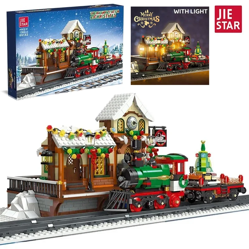 

1362pcs Christmas Train Platform Building Blocks Set Winter Railway Station Model Kid Assembly Toy Street View Gift for Children