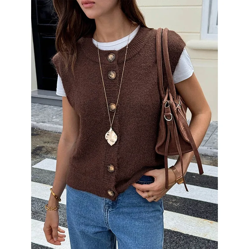 

Pulsefit Vintage Brown Women's Vests 2026 Spring New Straight Single Breasted Holiday Vacation Simple Basic Woman Tops 196498