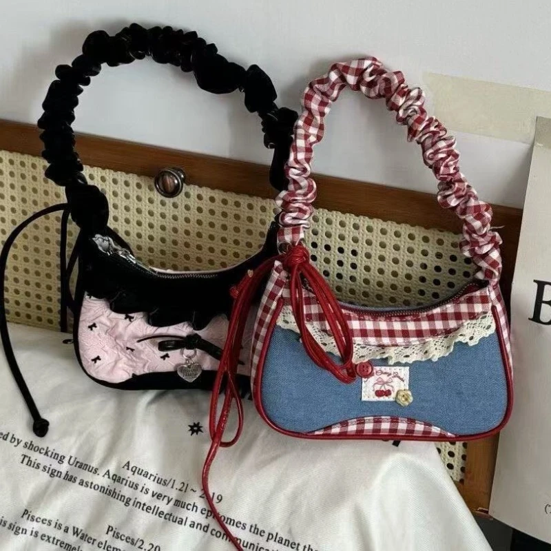 

Cute denim with PU leather plaid Kawaii bow Vintage shoulder bag Underarm bags Handbag Lipstickphone storage bag Women's bags
