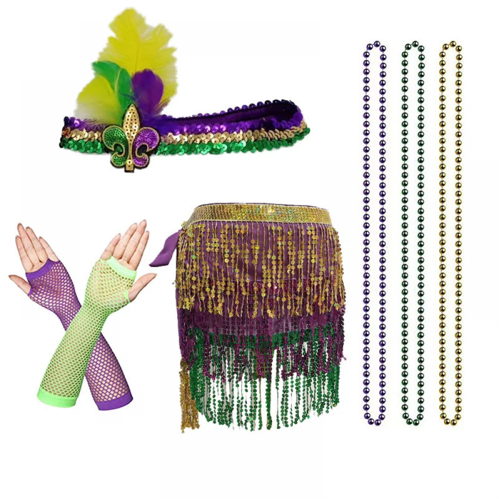 7 Pieces Mardi Gras Costume Accessory Set Tutu Skirt, Faux Feather Half Mask,Mardi Gras Beads,Long Socks for Women and Girls