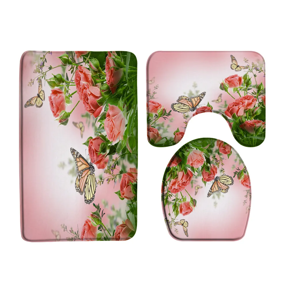 Flowers Butterfly Bath Mat Set White Daisy Blooming Floral Tulip Rose Plant Nature Dreamy Garden Bathroom Rugs Toilet Lid Cover