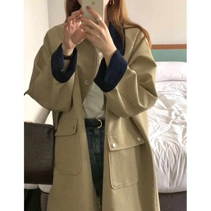 Turn Down Collar Korean Women Short Trench Coats Zipper Cardigan Solid Full Sleeve Splice 2023 Autumn Winter Casual Loose