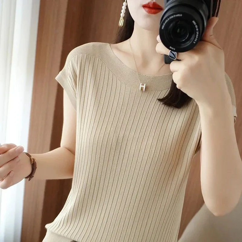 2024 New Spring Autumn Fashion Straight Neck Knitted Sweater Short Sleeve Women Solid Color Simple Casual Tops Femme