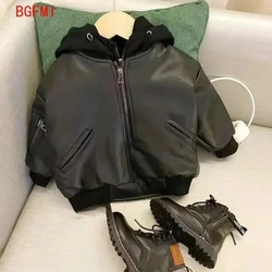 2025 Winter Infant Toddler Kids Fashion Baby Girl Boy PU Leather Jacket Hooded Leather Coat Fashion Chaqueta Thick Clothes