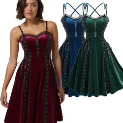 Women Gothic Vintage Dresses Costume Lace Up PU Strap Rivet Crisscross Strappy Velvet Halloween Dress Adjustable Strap Vestidos