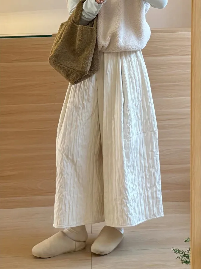 Pantaloni coreani semplici a gamba larga color kaki Pantaloni casual Harlan in vita elastica autunno inverno da donna di piccole dimensioni in cotone caldo e...