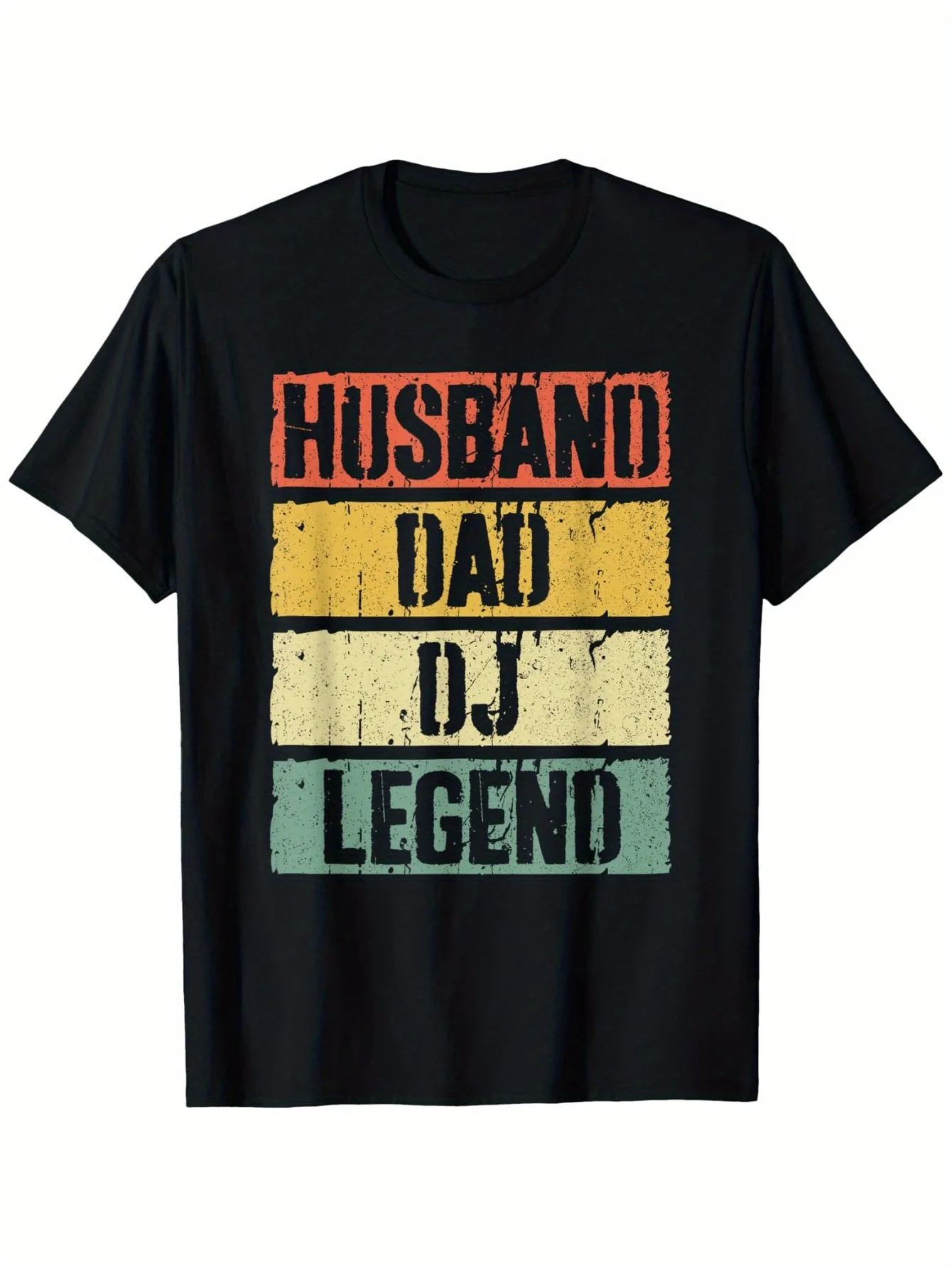 

Husband Dad DJ Legend Graphic T-Shirt - Men's Casual Short Sleeve Tee in Black with Colorful Stripes & Distressed Typography, Pe