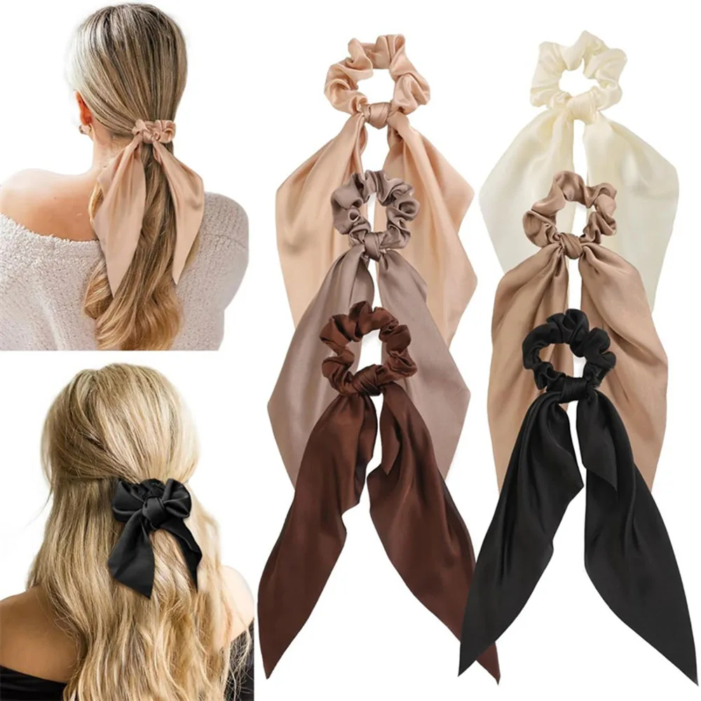 

7PCs/set Solid Color satin Bow Scrunchies Long Ribbon Women Elastic Hair Bands Girls Ponytail Holder Hair ties Hair accessories