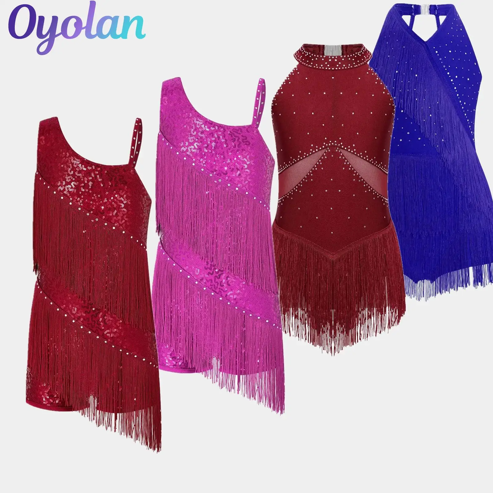 

Kids Girls Glittery Rhinestones Gymnastics Fringed Ballet Latin Dance Leotard Dress Tassel Tango Dance Performance Costume