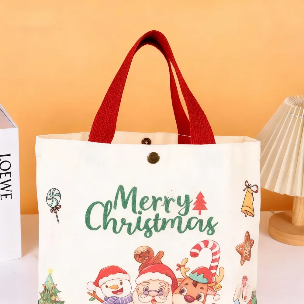 1 Pack Christmas Canvas Tote Bag, Merry Christmas Santa Snowman Reindeer Print Reusable Shopping Bag, Snap Closure Holiday Handbag for Work School Grocery Gift Wrapping