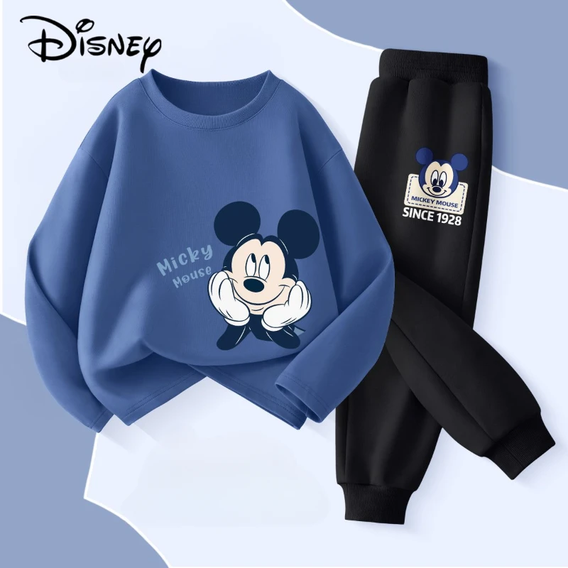 Disney Children\'s Hoodies Sets Spring and Autumn Mickey Printed Boys Sweatsuit Kids Breathable Pullover and Pant Two Piece Set