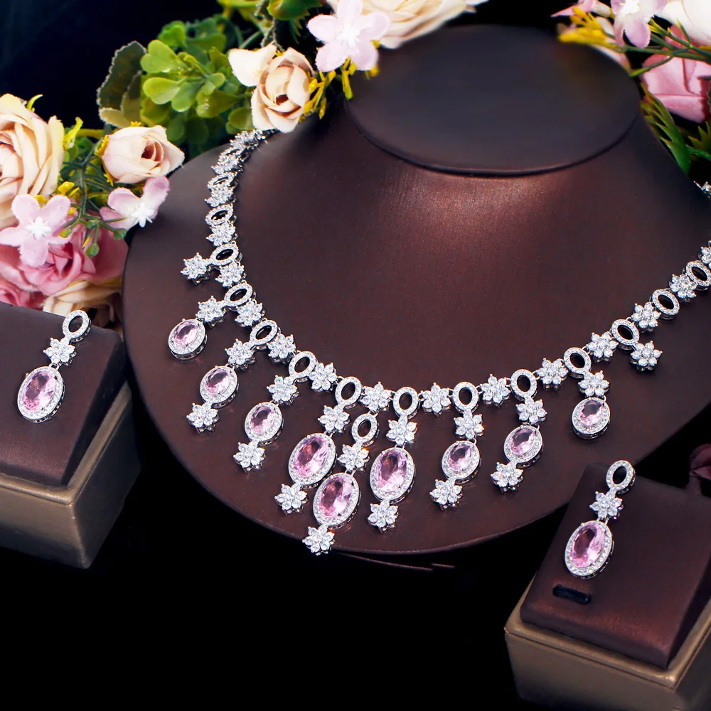 CWWZircons Charming Pink Cubic Zirconia Flower Drop Large Tassel Necklace Bridal Wedding Banquet Jewelry Set for Women Gift T682