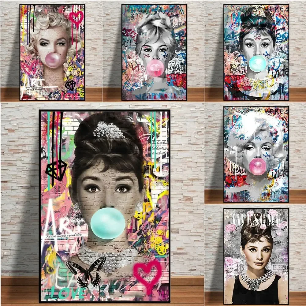 Affiche de Graffiti à bulles Monroe et Hepburn, beauté classique, imprimés, peinture sur toile, tableau d'art mural pour décoration de salon et de maison