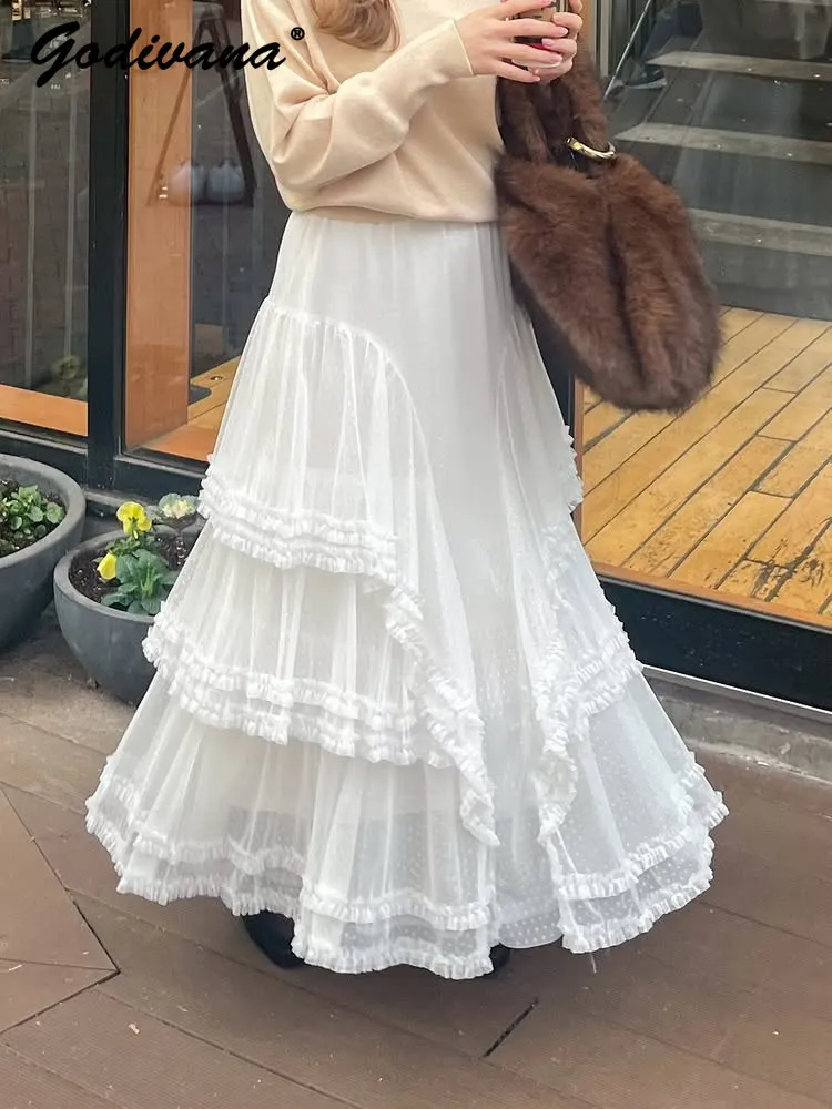2026 New Spring Japanese Style Female Sweet Polka Dot Jacquard Multi-layer Mesh Ruffle Hem Long Skirt Sweet Gauze Skirts