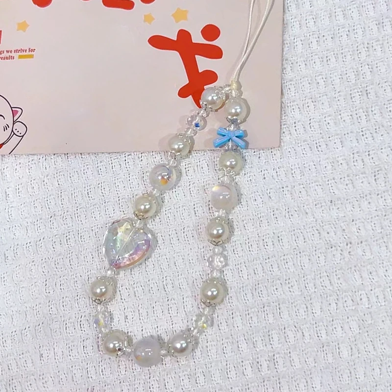 Korea Cute Clear Heart Blue Bow Beaded Phone Chain Charm Lanyard For iPhone Samsung Huawei Universal Accessories Jewelry Pendant