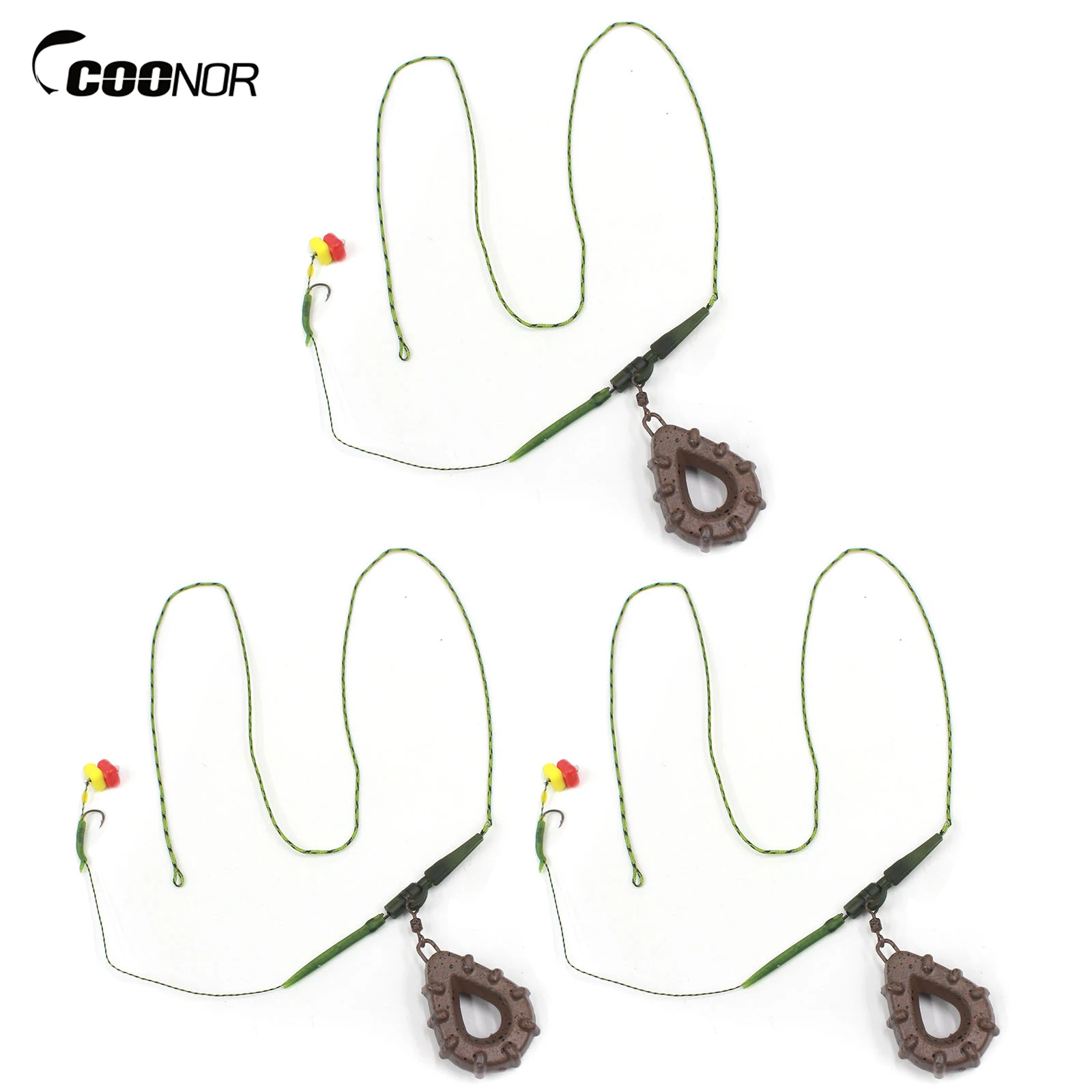 Coonor 3 Pack Carp Fishing Inline Rig Set with Sinker Weight Tail Rubber Tubes Anti-Tangle Sleeves Quick Change Swivels